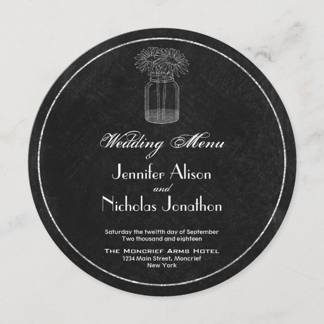 Charger Wedding Menu Chalkboard, Mason Jar & Daisy (Front)