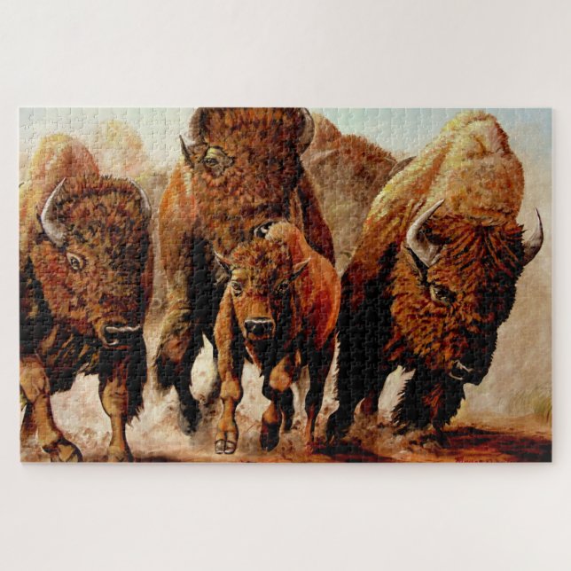 Charging Baffalo/Bison with calf, bull 1014 piece Jigsaw Puzzle (Horizontal)