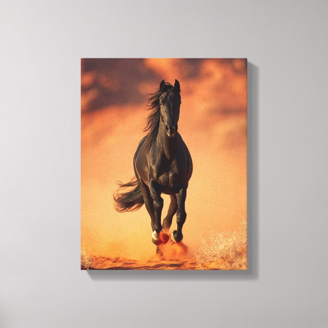 Charging Black Horse Fiery Sunset Art Canvas Print (Front)