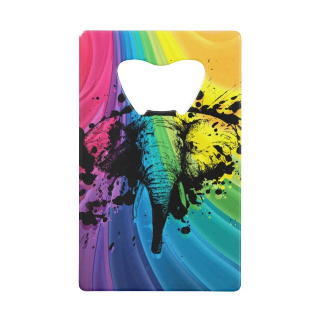 Charging Bull Elephant on Swirly Rainbow Credit Card Bottle Opener (Front)