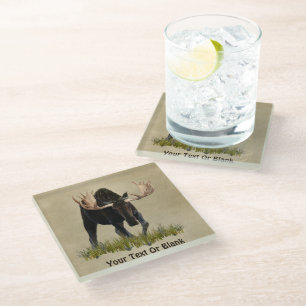 Charging Bull Moose On Old Paper Glass Coaster