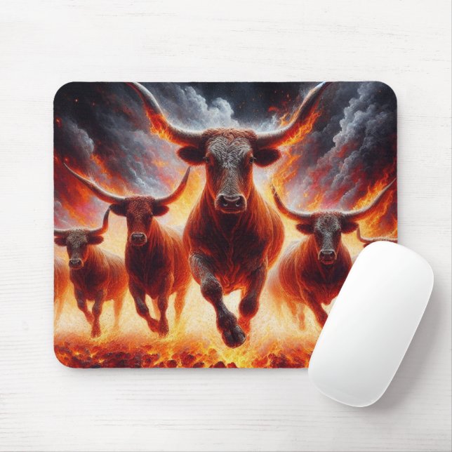Charging Longhorn Bulls Fiery Western Ranch Art Mouse Pad (With Mouse)