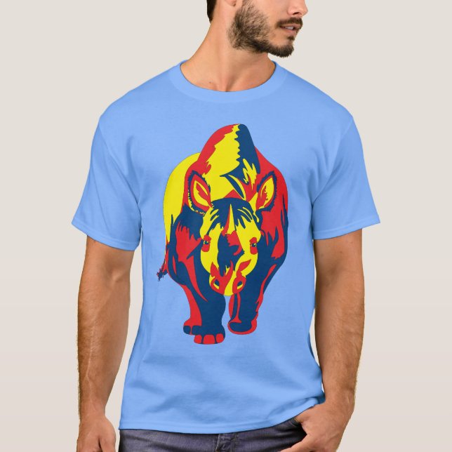 Charging Rhinoceros-Blue-Yellow-Red T-Shirt (Front)