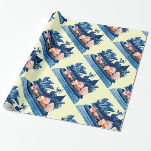 CHARIOT OF SWANS AND CUPCAKES BLUE BEACH WEDDING WRAPPING PAPER