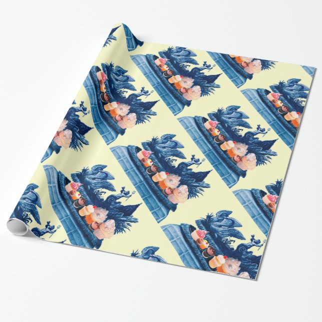 CHARIOT OF SWANS AND CUPCAKES BLUE BEACH WEDDING WRAPPING PAPER (Unrolled)