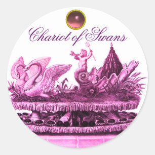 CHARIOT OF SWANS AND CUPCAKES PINK BEACH WEDDING CLASSIC ROUND STICKER