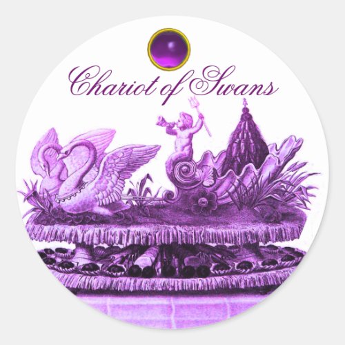 CHARIOT OF SWANS AND CUPCAKES PURPLE BEACH WEDDING CLASSIC ROUND STICKER