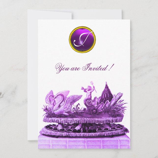 CHARIOT OF SWANS AND CUPCAKES PURPLE BEACH WEDDING INVITATION (Front)