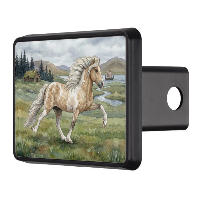 Charismatic Pinto Icelandic Mare watercolor Hitch Cover (Left)