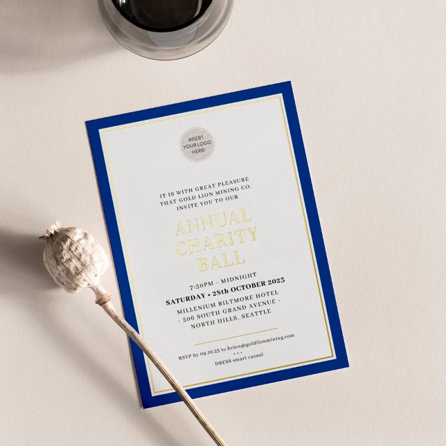 CHARITY BALL modern elegant logo royal blue gold Foil Invitation (Creator Uploaded)