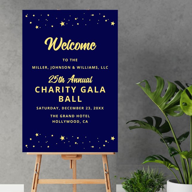 Charity Event Silent Auction Large Welcome Sign (Annual Charity Gala Ball Fundraising Event Welcome Sign in Navy Blue and Gold with Gold Stars.)
