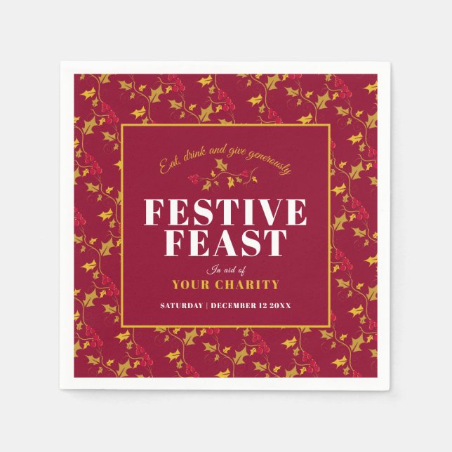 Charity Festive Feast gold red Christmas dinner Napkins (Front)