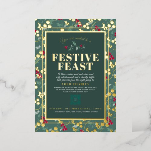 Charity Festive Feast green gold berries Christmas Foil Invitation