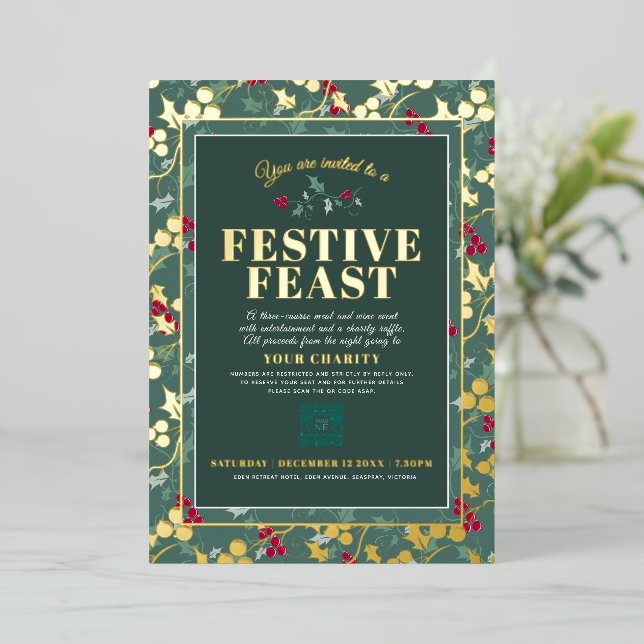 Charity Festive Feast green gold berries Christmas Foil Invitation (Standing Front)