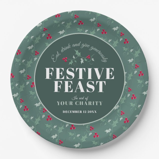 Charity Festive Feast green red Christmas dinner Paper Plates (Front)