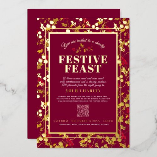 Charity Festive Feast red gold berries Christmas Foil Invitation