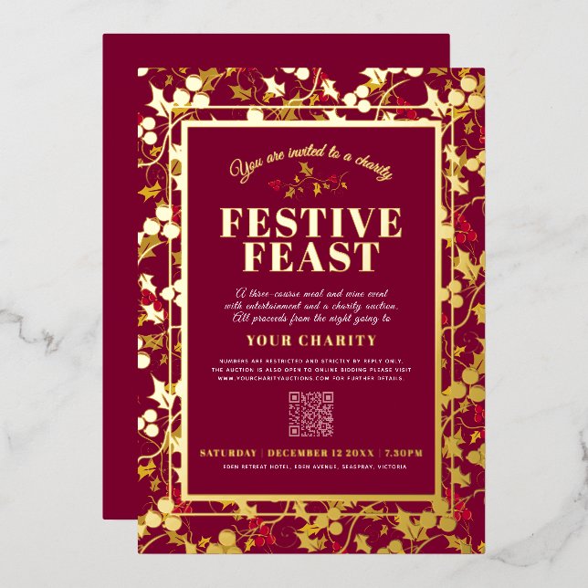 Charity Festive Feast red gold berries Christmas Foil Invitation (Front/Back)