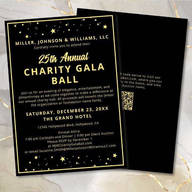 Charity Fundraiser Gala Event Elegant Black Gold Invitation (Elegant Charity Fundraiser Ball Corporate Celebration Silent Auction in Black with Gold Stars.)