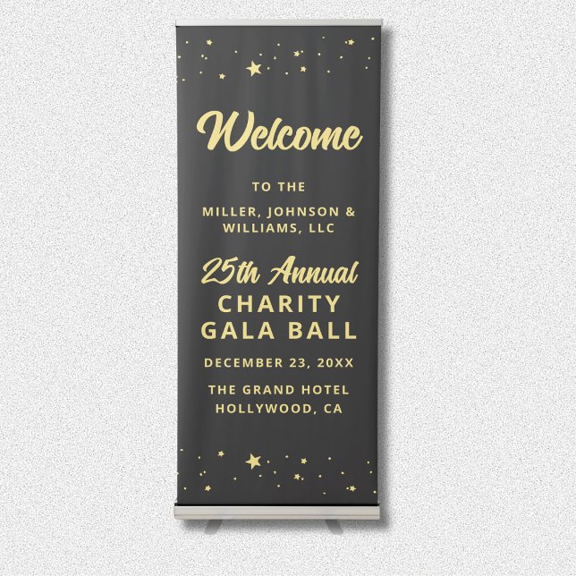 Charity Fundraiser Silent Auction Event Welcome Retractable Banner (Charity Fundraiser Silent Auction Event Welcome Retractable Banner, Black and Gold, Company Name.)