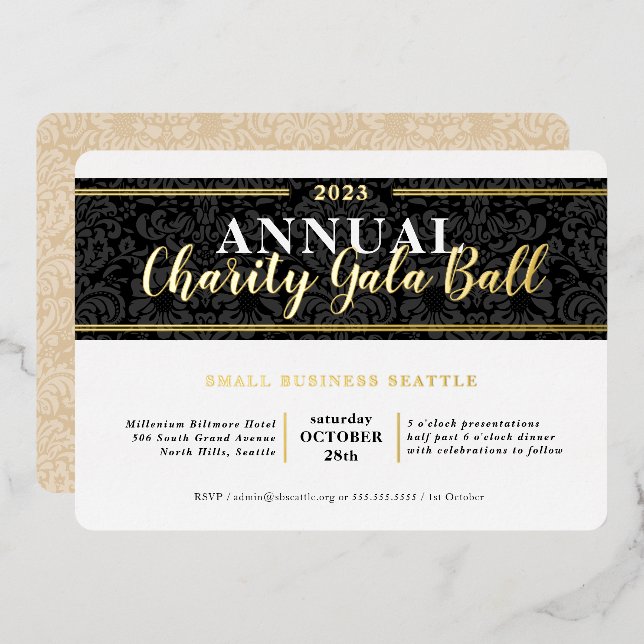 CHARITY GALA BALL elegant event black tie gold Foil Invitation (Front/Back)