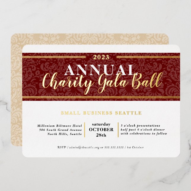 CHARITY GALA BALL elegant event burgundy red gold Foil Invitation (Front/Back)