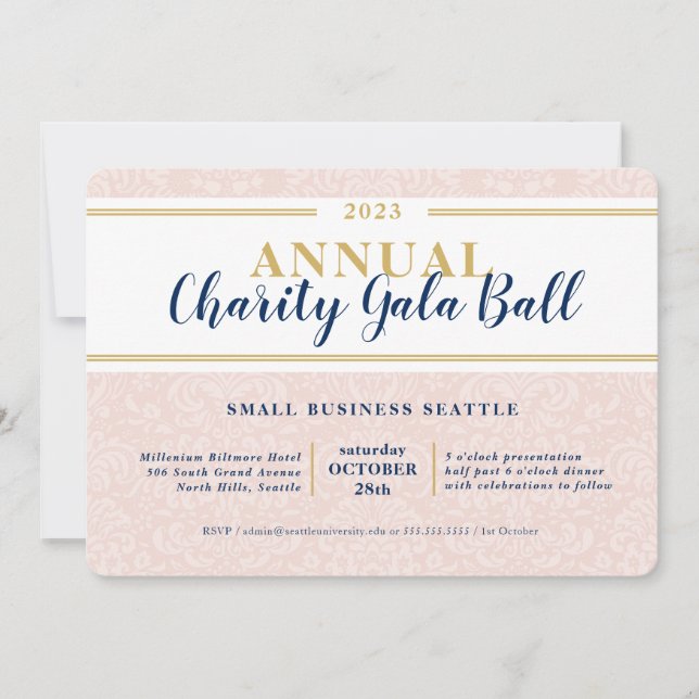 CHARITY GALA BALL elegant event navy pink gold Invitation (Front)
