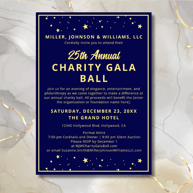 Charity Gala Ball Silent Auction Elegant Blue Gold Invitation (Annual Charita Gala Ball Silent Auction Fundraiser Invitation in Navy Blue and Gold with Gold Stars.)