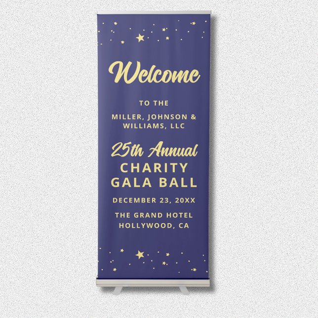 Charity Gala Ball Silent Auction Event Welcome Retractable Banner (Charity Gala Ball Silent Auction Fundraising Event Welcome Retractable Banner in Navy Blue and Gold.)