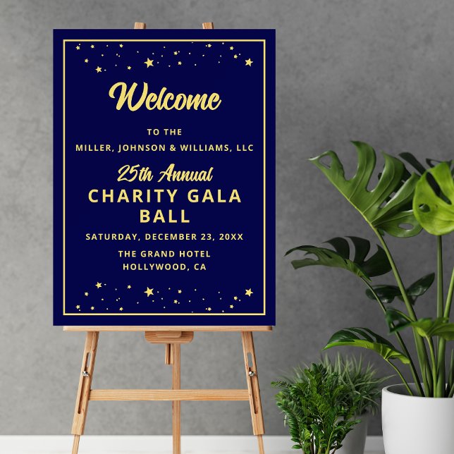 Charity Gala Ball Silent Auction Welcome Sign (Charity Gala Ball Silent Auction Fundraising Event Welcome Sign in Navy Blue and Gold.)