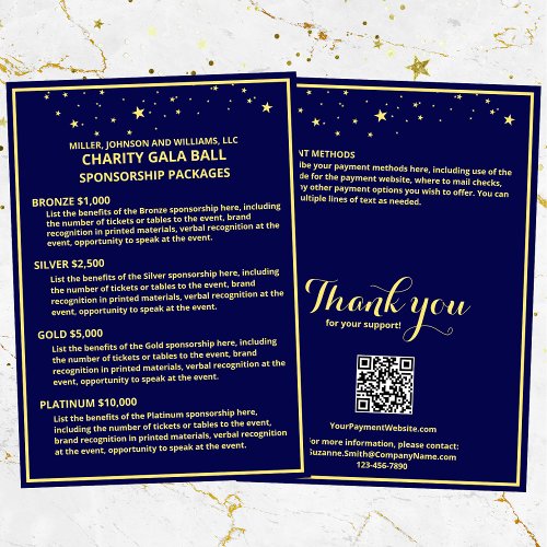 Charity Gala Ball Sponsorship Card Blue Gold Stars