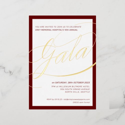 CHARITY GALA chic formal calligraphy maroon gold Foil Invitation