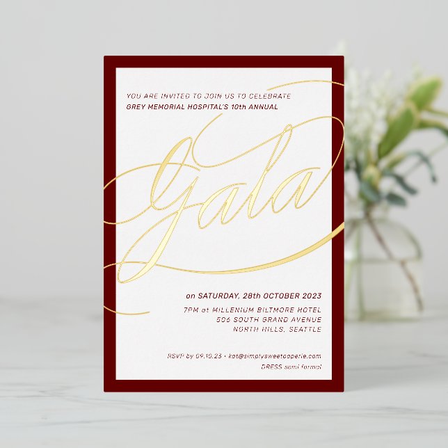 CHARITY GALA chic formal calligraphy maroon gold Foil Invitation (Standing Front)