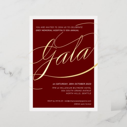 CHARITY GALA elegant calligraphy burgundy red gold Foil Invitation