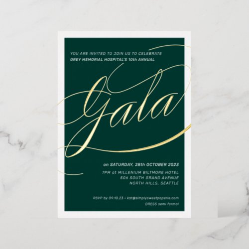 CHARITY GALA elegant calligraphy dark green gold Foil Invitation