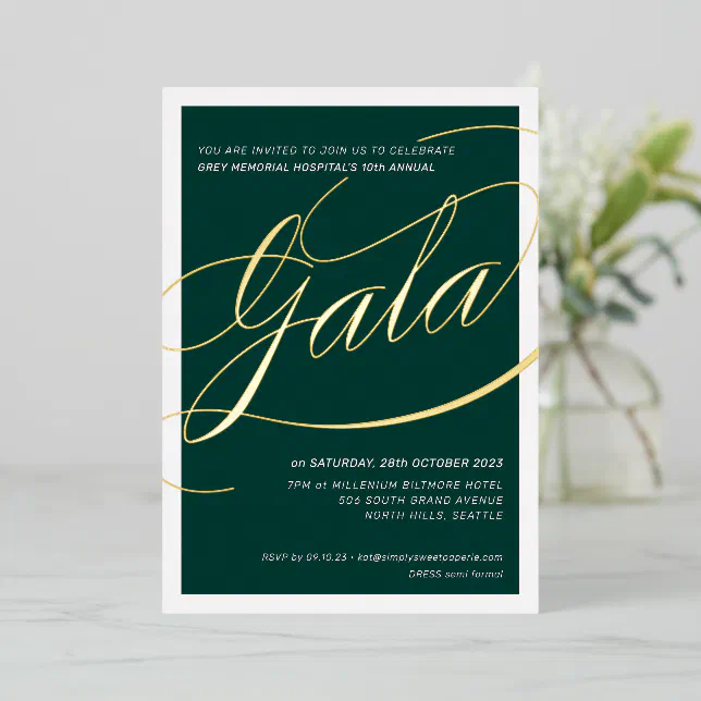 CHARITY GALA elegant calligraphy dark green gold Foil Invitation Zazzle