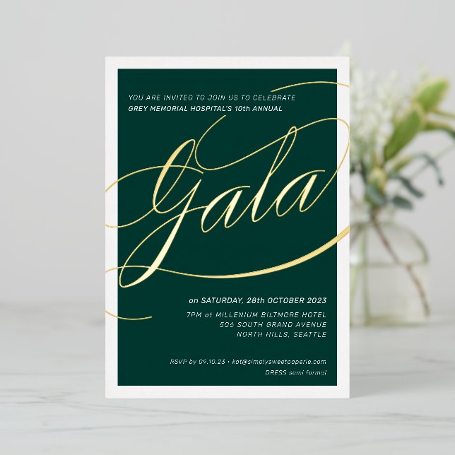 CHARITY GALA elegant calligraphy dark green gold Foil Invitation (Standing Front)
