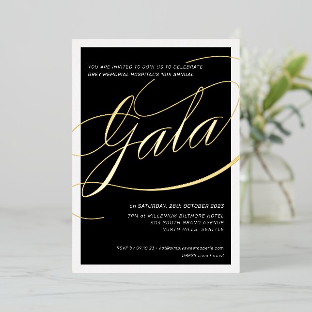CHARITY GALA elegant formal calligraphy black gold Foil Invitation (Standing Front)