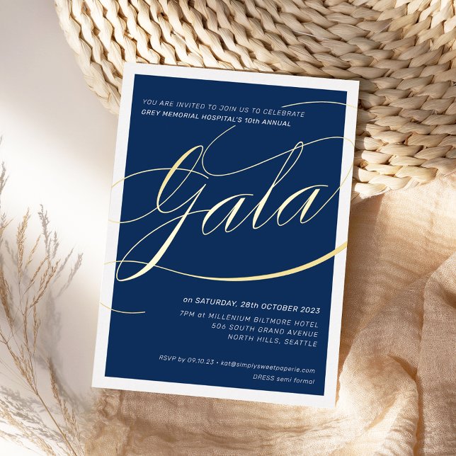 CHARITY GALA elegant formal calligraphy navy gold Foil Invitation (Creator Uploaded)
