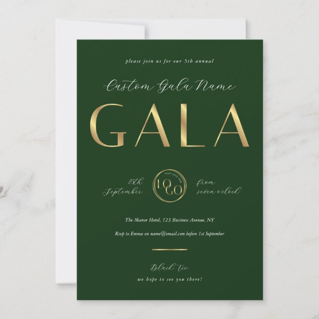 Charity Gala Emerald Green & Gold Logo Business Invitation (Front)