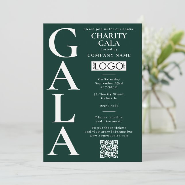 Charity Gala Fundraising Event QR Code Logo Green Invitation (Standing Front)
