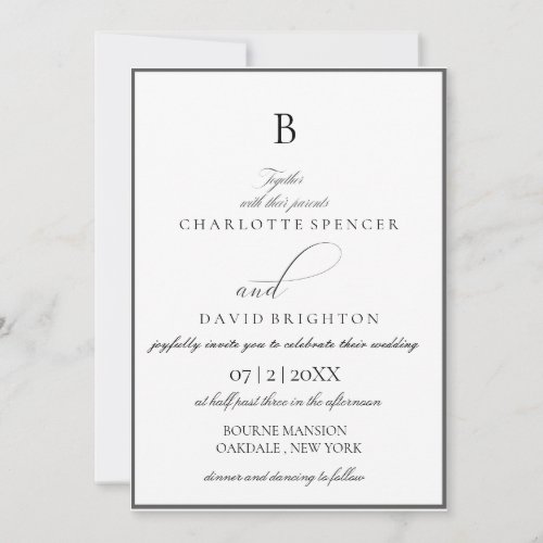 CharlB Black CalligrTypogr Monogram Wedding Invitation