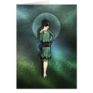 CHARLA, Art Deco Lady in Sage Green and Teal Cards