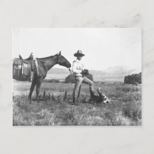 Charles Belden with horse and skull. Postcard
