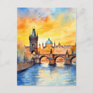 Charles Bridge Prague Sunset Watercolor Postcard
