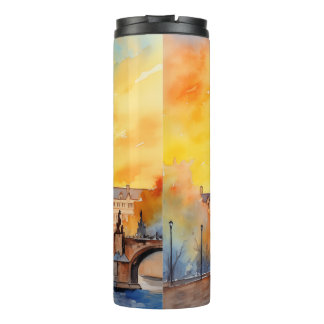 Charles Bridge Prague Sunset Watercolor Thermal Tumbler