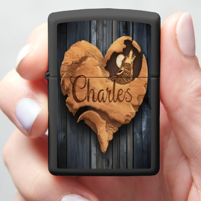 Charles Carved Wooden Heart With Wolf Zippo Lighter (In Hand)
