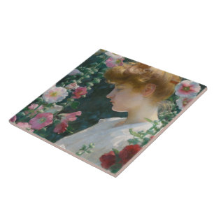 Charles Courtney Curran Hollyhocks and Sunlight Ceramic Tile