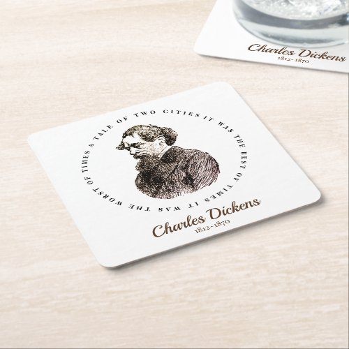 Charles Dickens Portrait and Quote Square Paper Coaster