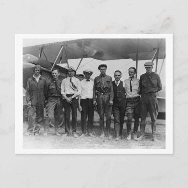 Charles Lindbergh with 7 men, including Postcard (Front)