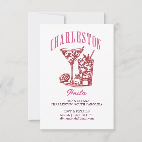 charleston bachelorette weekend cocktail pink red invitation